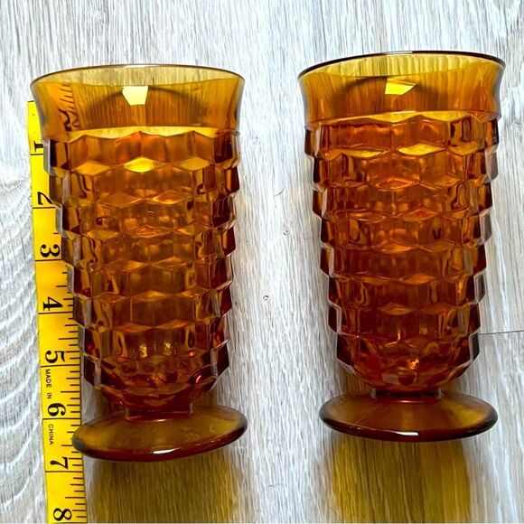Vintage Fostoria 2 Piece 3-D cube pattern amber Gold iced tea glasses Goblet USA - Picture 3 of 5